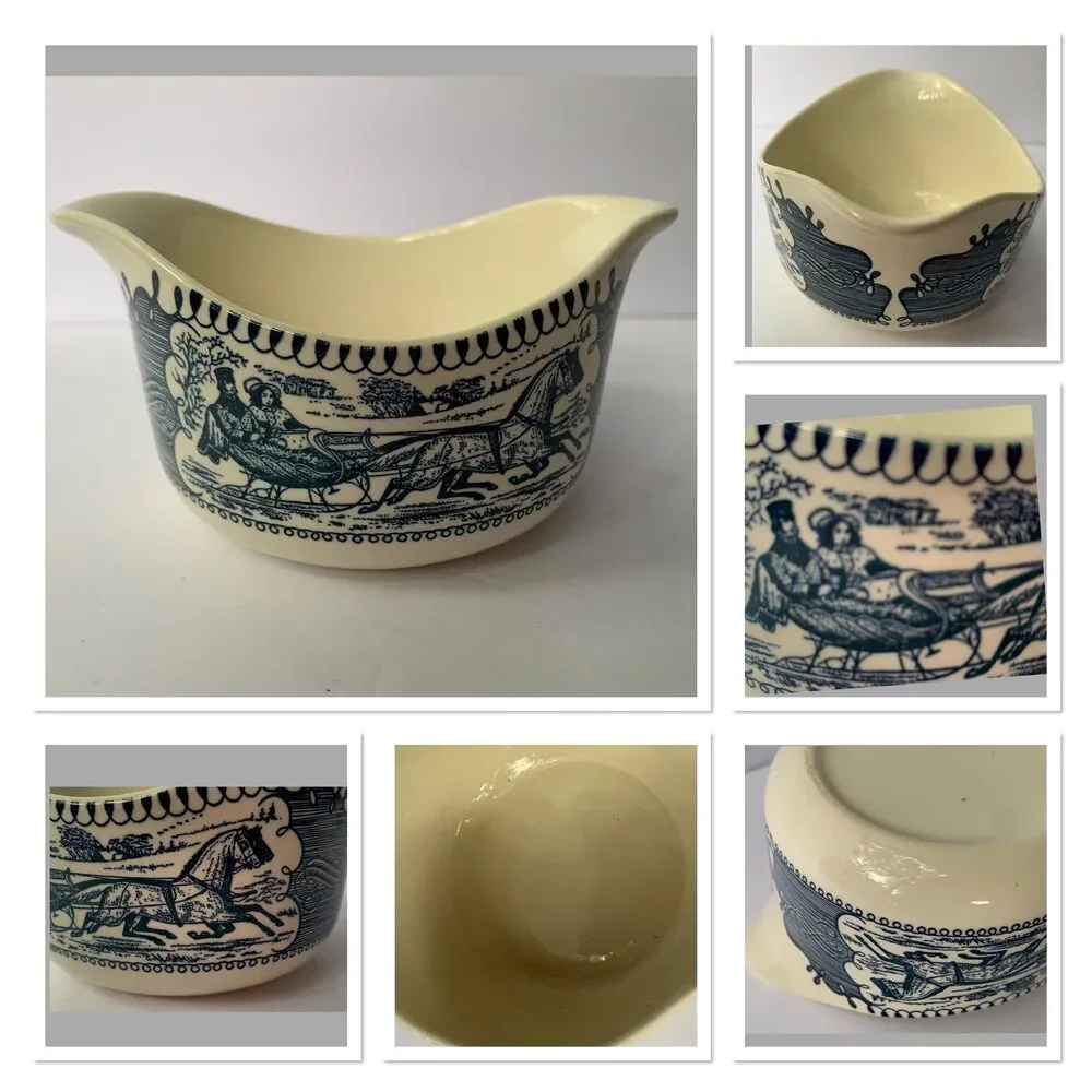 Vintage Currier & Ives Double Spouted Gravy Boat and Resting/Under Plate 1949-86